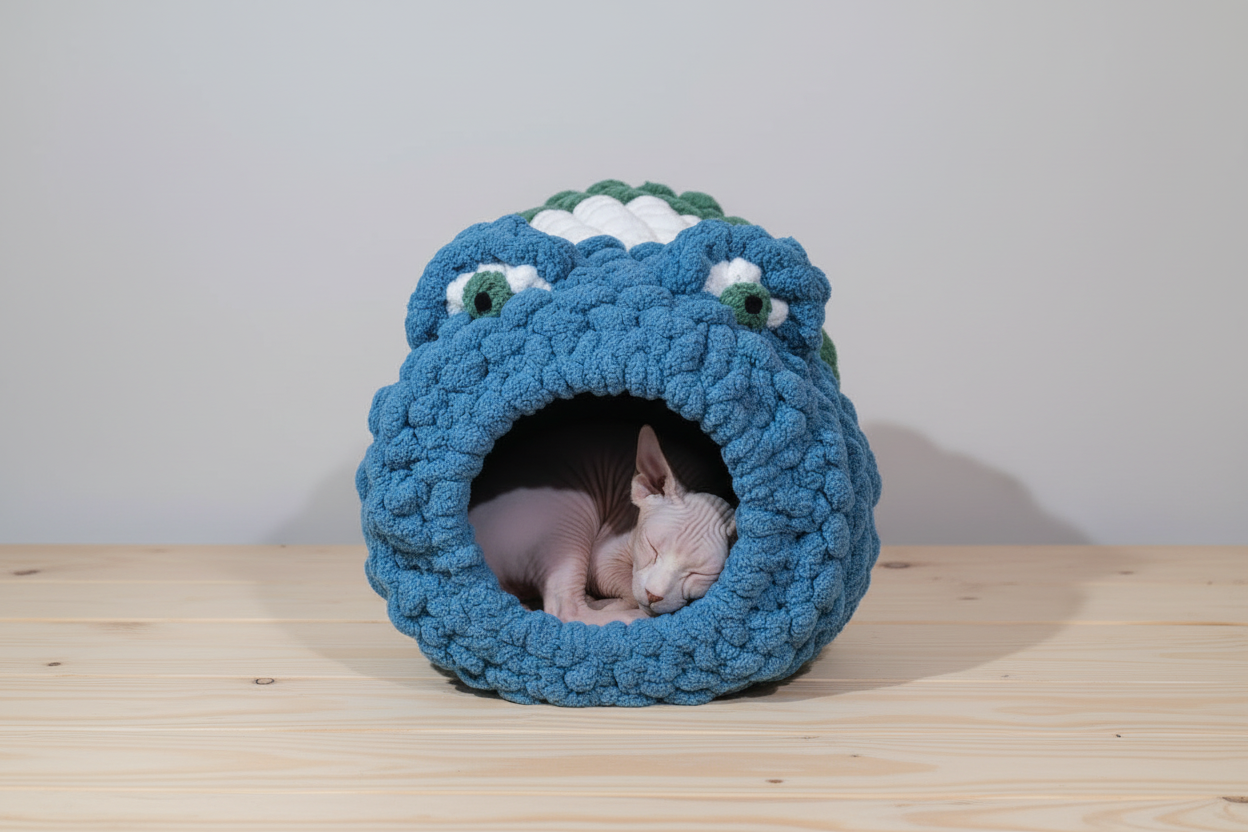 Hand Knit “Fred the Frog” Chunky Yarn Pet Cave