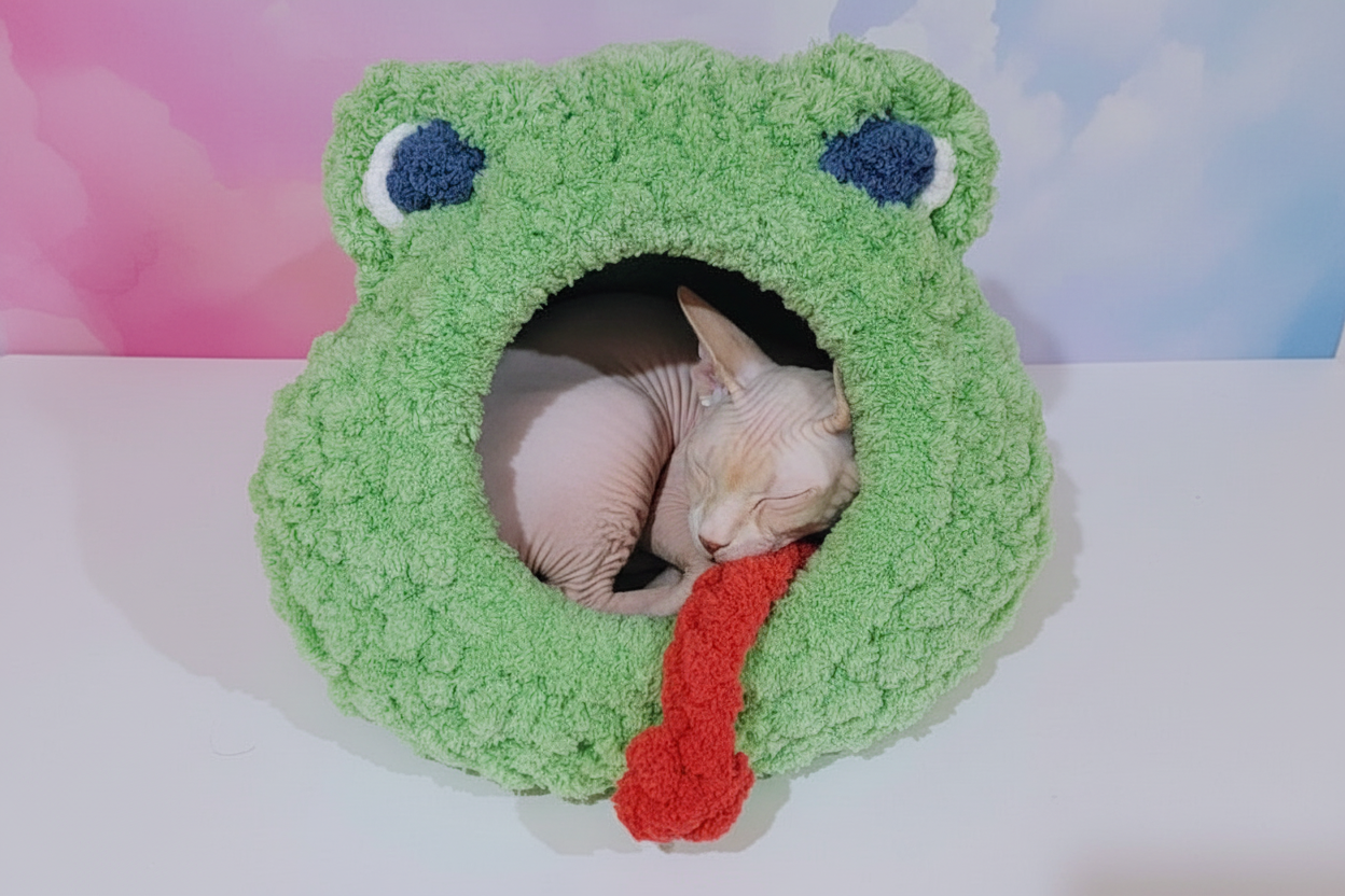 Large Hand Knit “Grumpy the Frog” Pet Cave