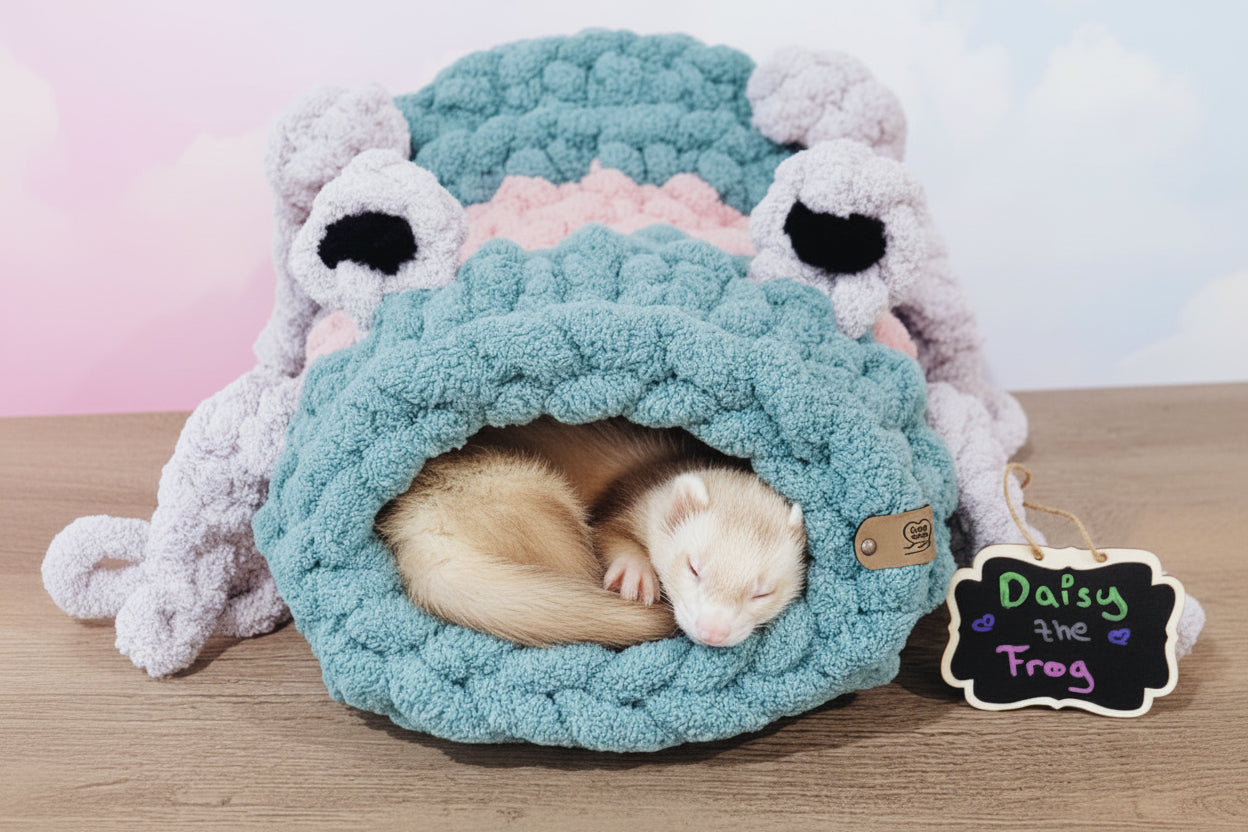 Hand Knit “Daisy the Frog” Pet Cave