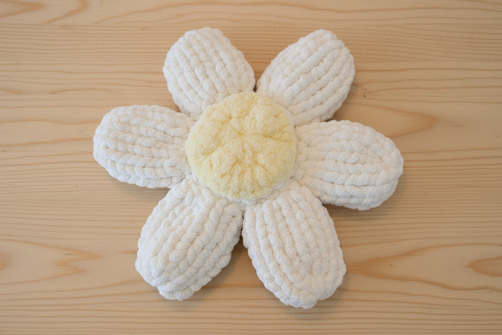 Yellow and white chunky hand-knit flower throw pillow — handmade home decor by Chunky Knitter
