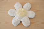 Yellow and white chunky hand-knit flower throw pillow — handmade home decor by Chunky Knitter
