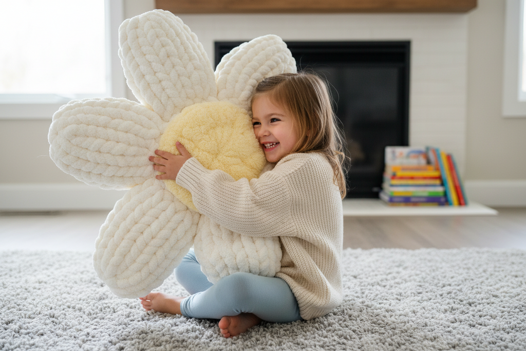 Yellow and white chunky hand-knit flower throw pillow — handmade home decor by Chunky Knitter