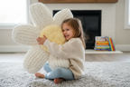 Yellow and white chunky hand-knit flower throw pillow — handmade home decor by Chunky Knitter