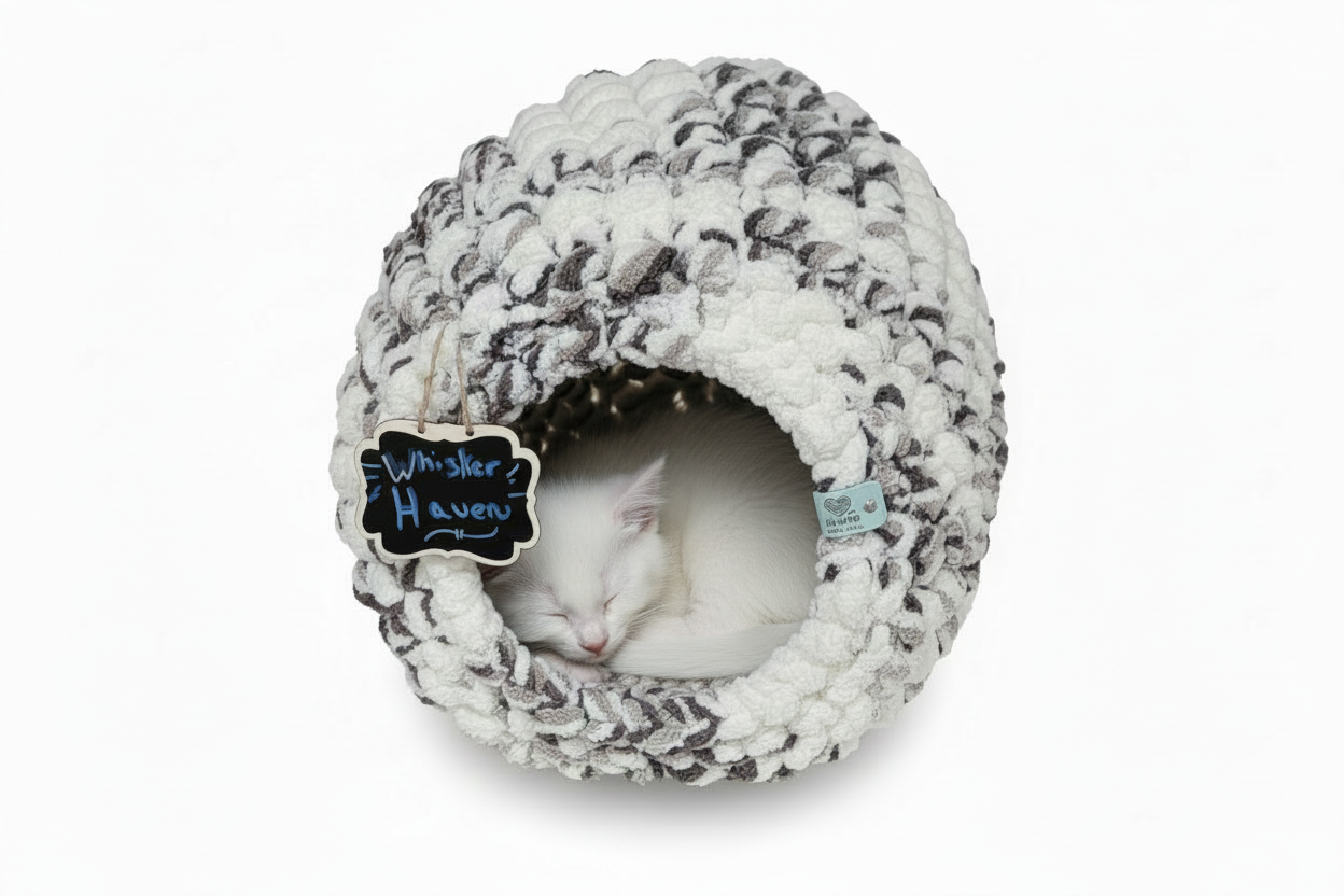 Chunky Hand Knit Cat Cave — Whisker Haven — Handmade Pet Bed