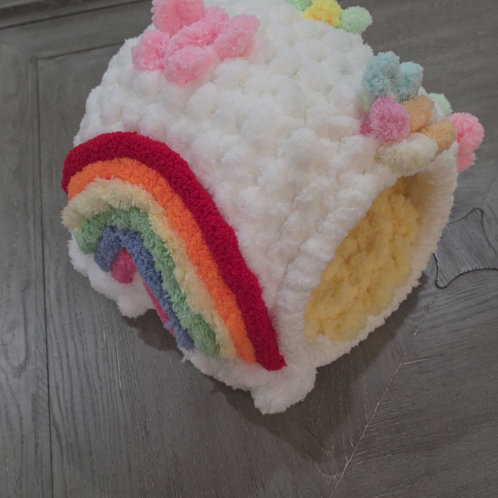 Over-The-Rainbow Chunky Hand Knit Pet Cave & Pillow Insert — Handmade Bed for Small Pets
