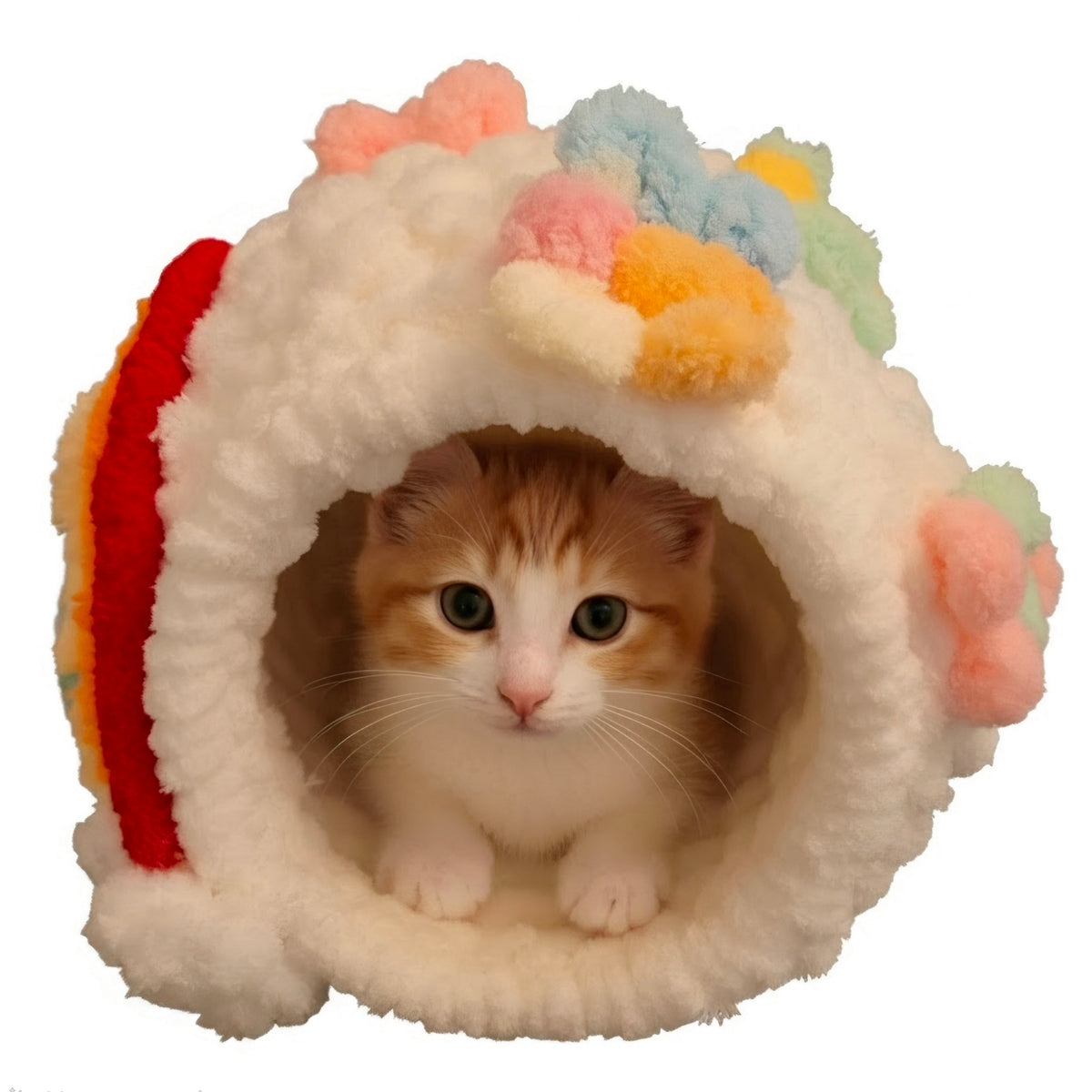 Over-The-Rainbow Chunky Hand Knit Pet Cave & Pillow Insert — Handmade Bed for Small Pets