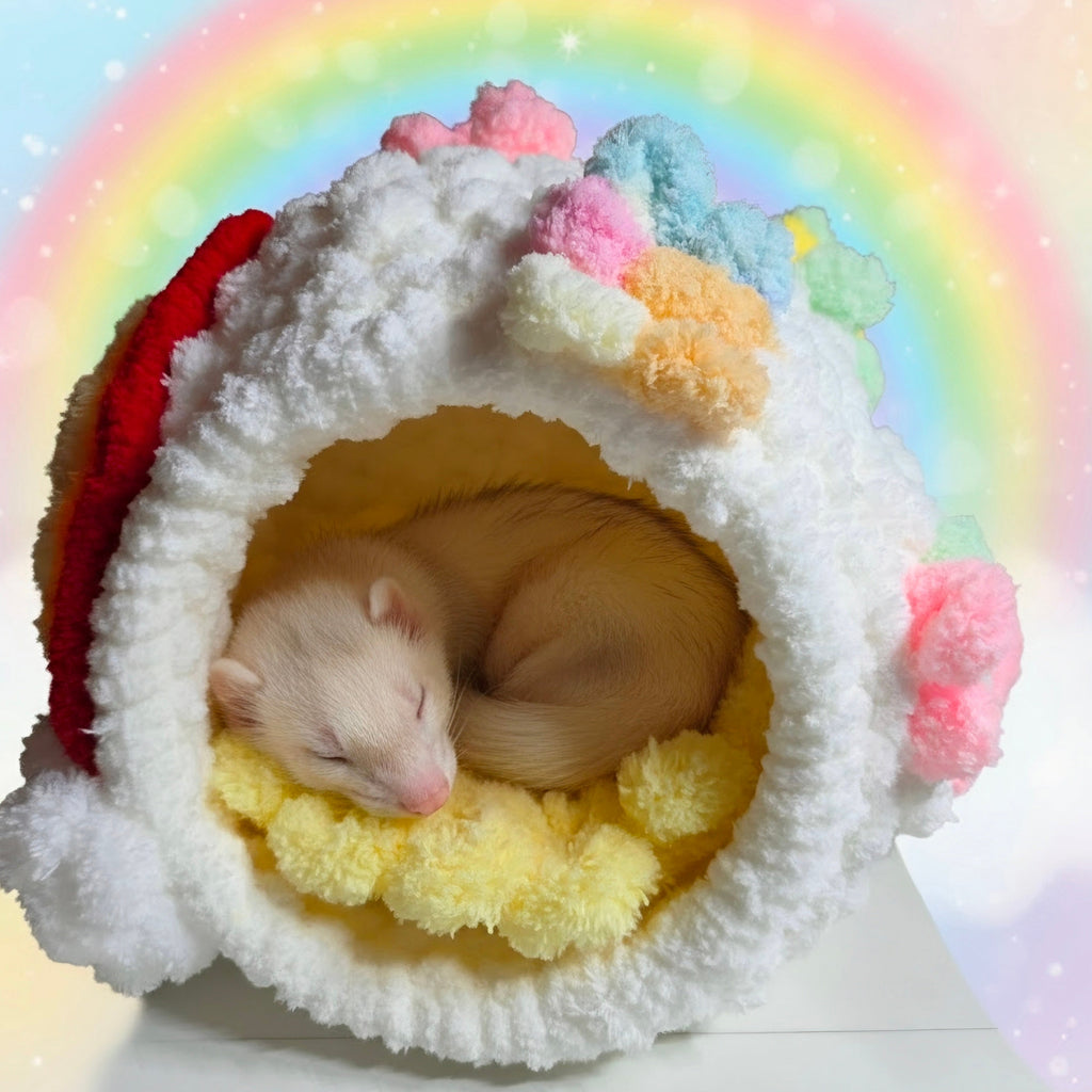 Over-The-Rainbow Chunky Hand Knit Pet Cave & Pillow Insert — Handmade Bed for Small Pets