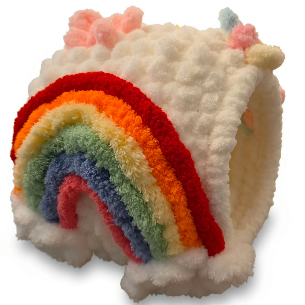 Over-The-Rainbow Chunky Hand Knit Pet Cave & Pillow Insert — Handmade Bed for Small Pets