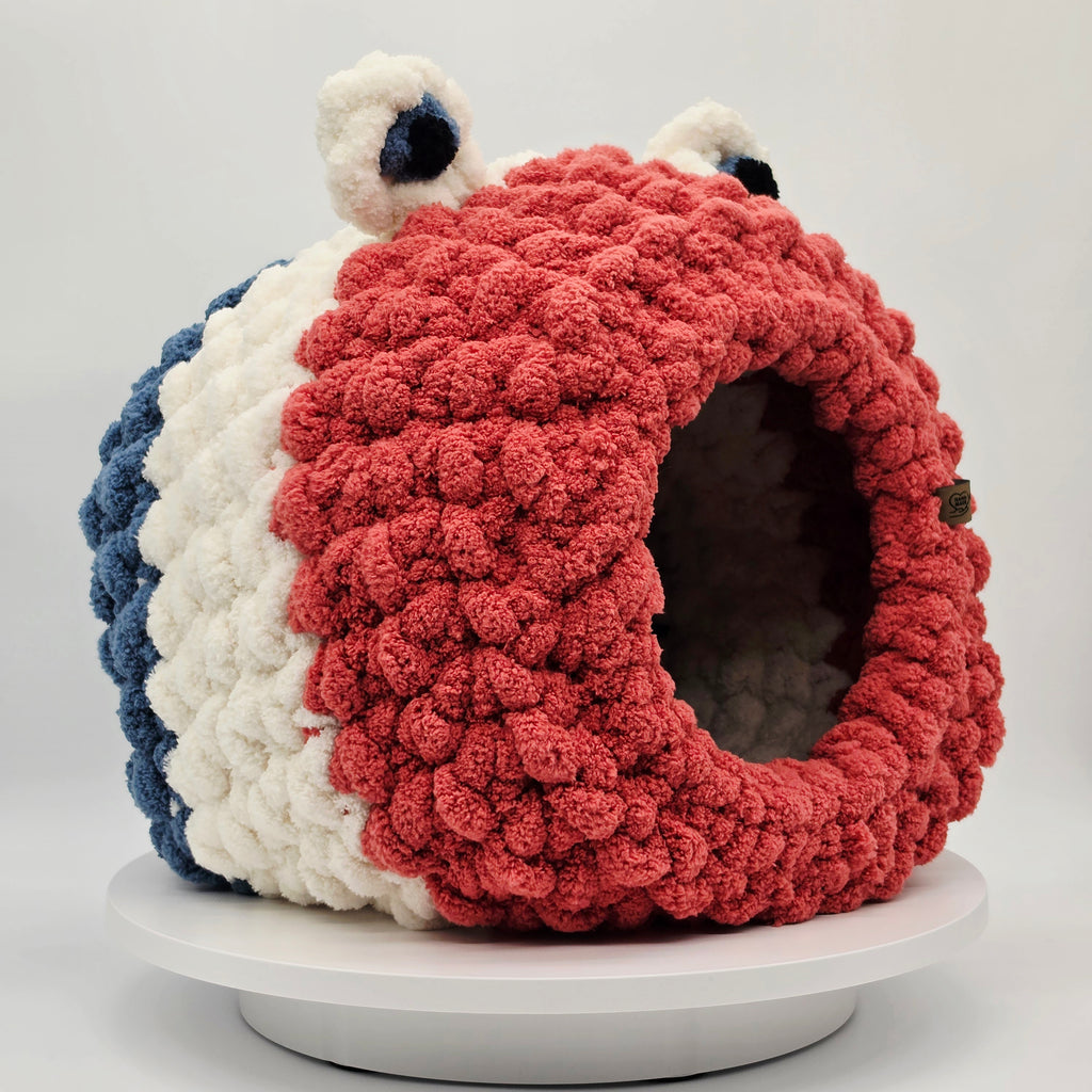 Red,white, Blue chunky hand-knit Purr-Psi cat cave — handmade cozy pet bed by Chunky Knitter