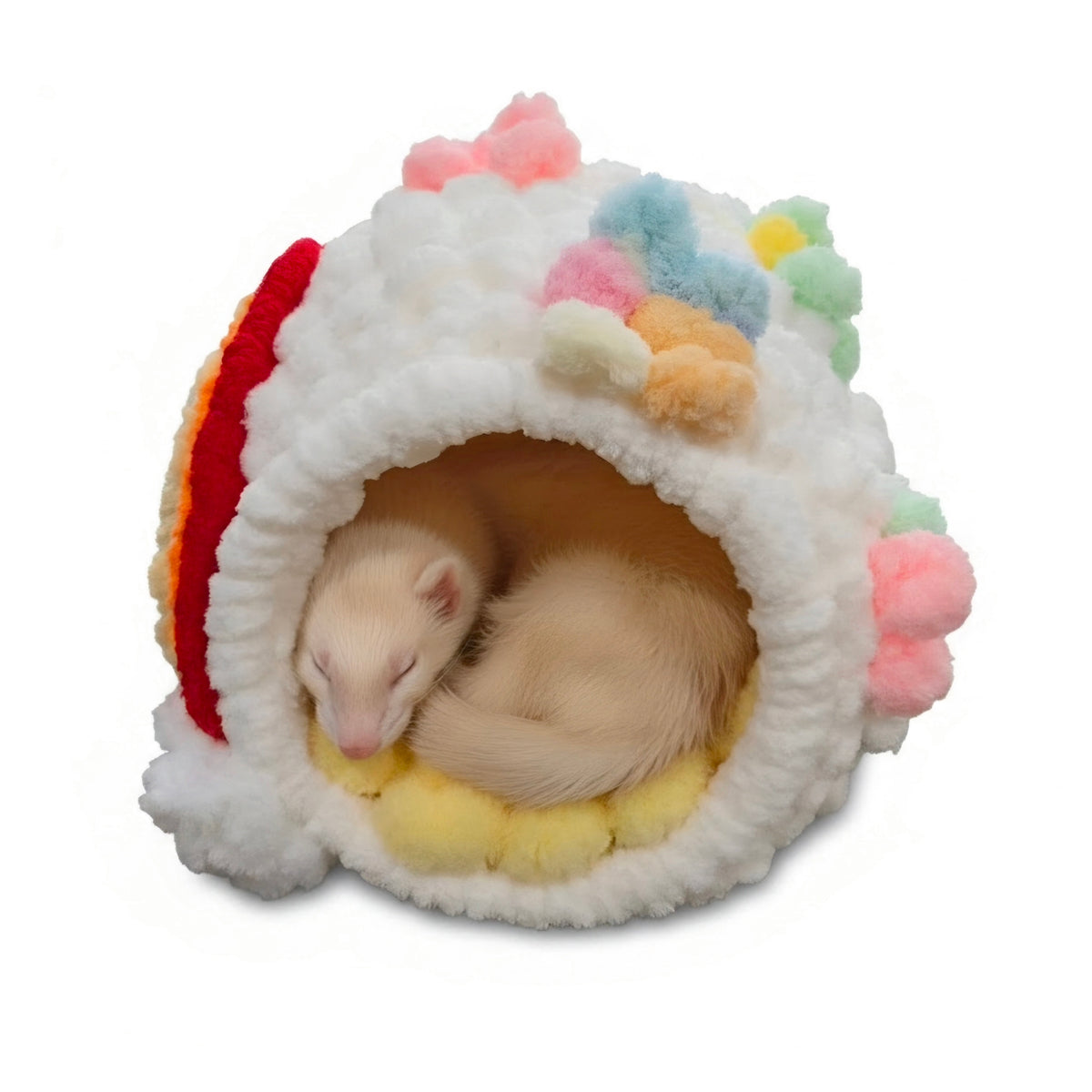 Over-The-Rainbow Chunky Hand Knit Pet Cave & Pillow Insert — Handmade Bed for Small Pets