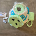 "Angled view of handmade UFO pet cave showing clear dome top, turquoise chunky knit accents, alien sembellishments, and mint green entry ramp — cozy hideaway for ferrets and sugar gliders" 